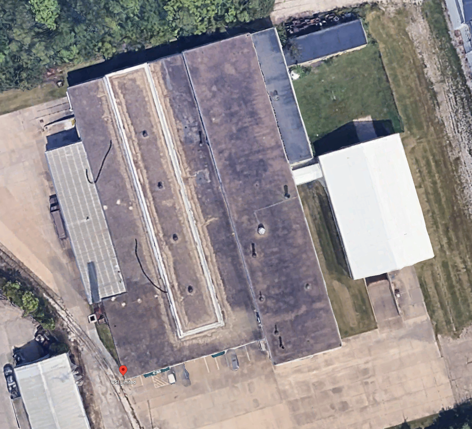 Overhead aerial view of the CSI Industries roof and grounds