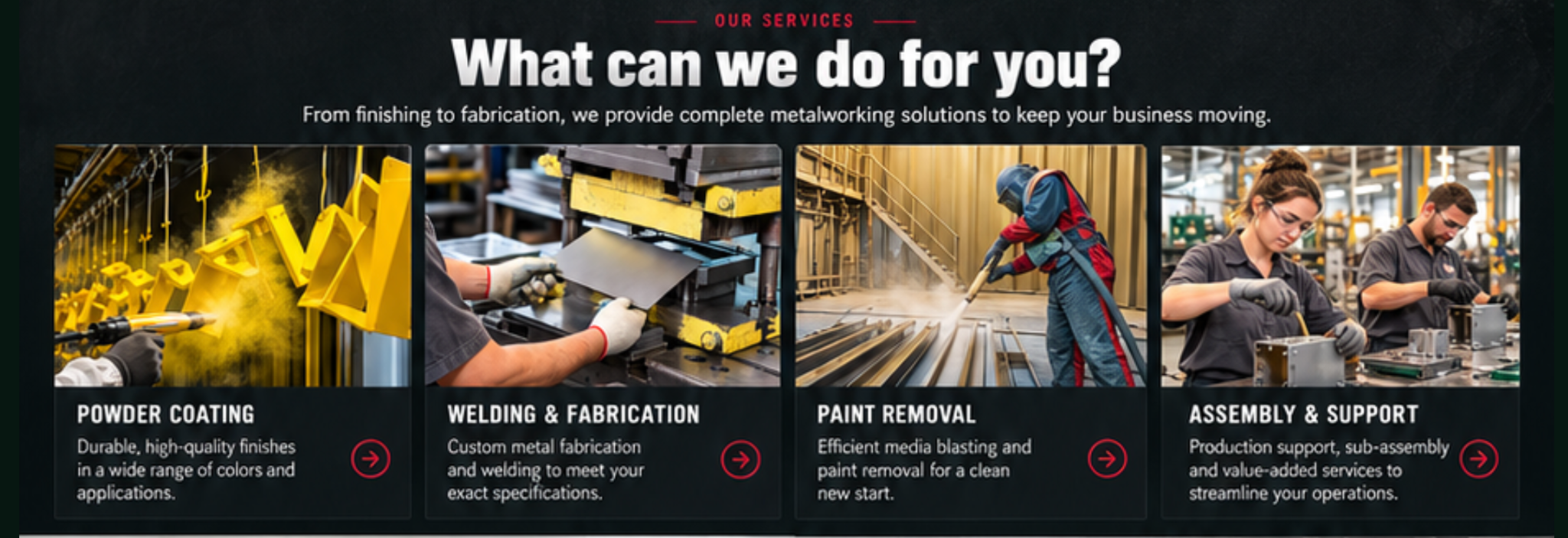 CSI Industries four services: Powder Coating, Welding and Fabrication, Paint Removal, Assembly and Support