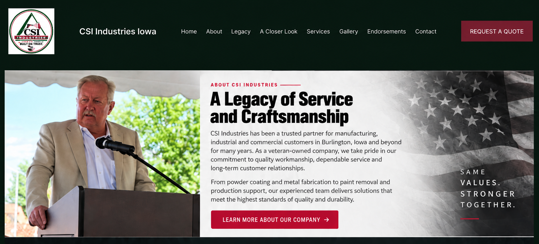 CSI Industries Legacy graphic with Steve Zager at a plain brown podium